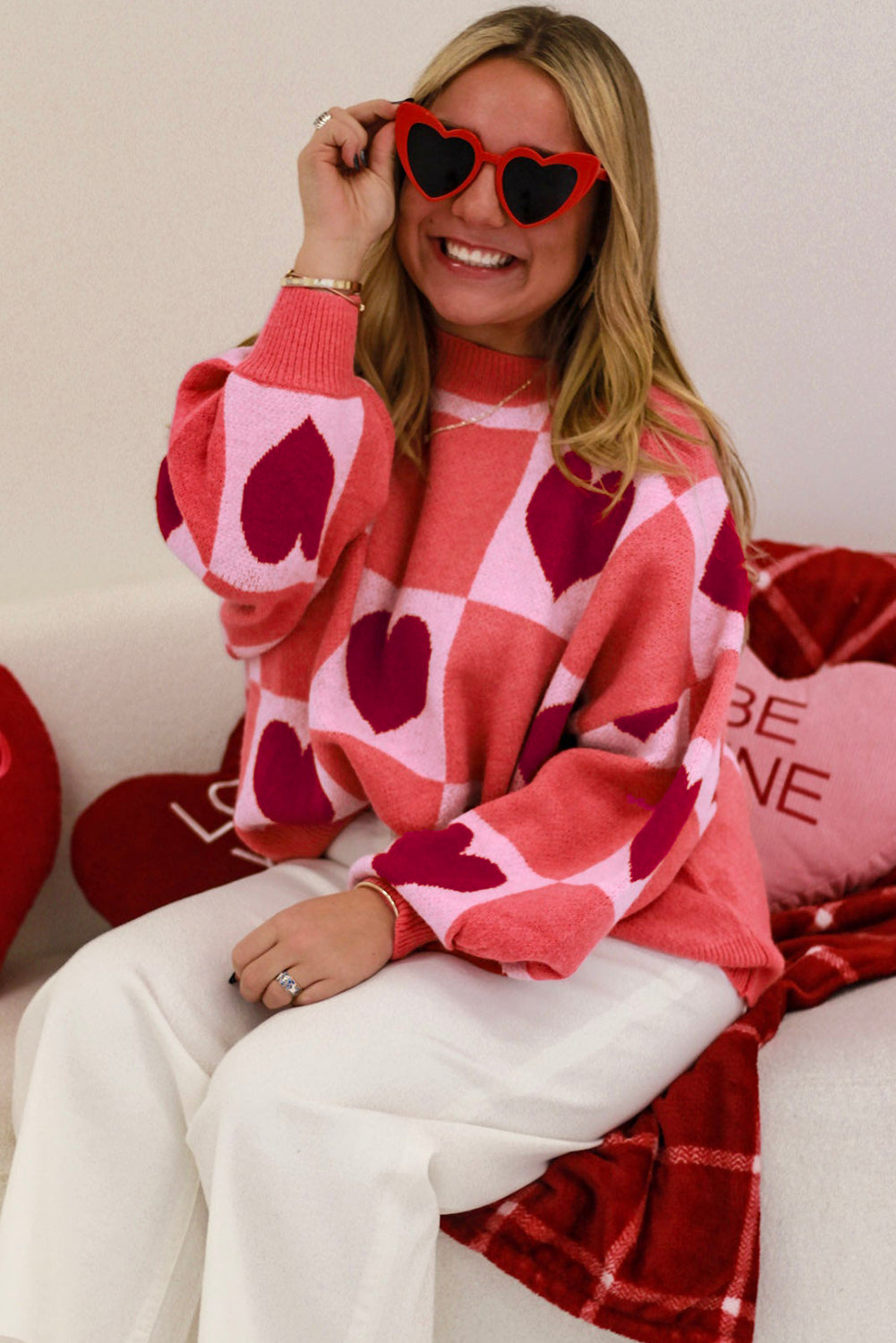 Pink Plus Size Love Heart Block Mock Neck Sweater Valentine Dear-Lover Dropshipping